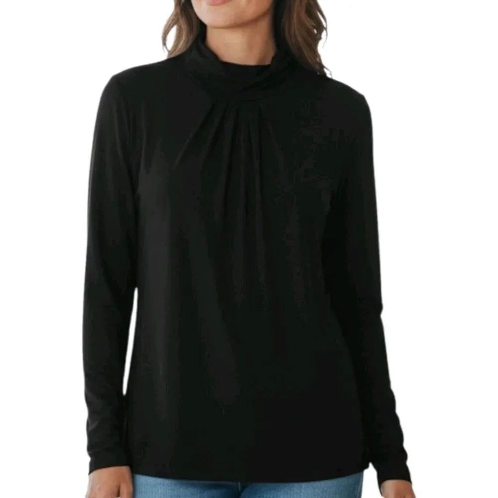 Susan Graver Pleated Mockneck Plus Size 1X Black Long Sleeve Stretch Lightweight